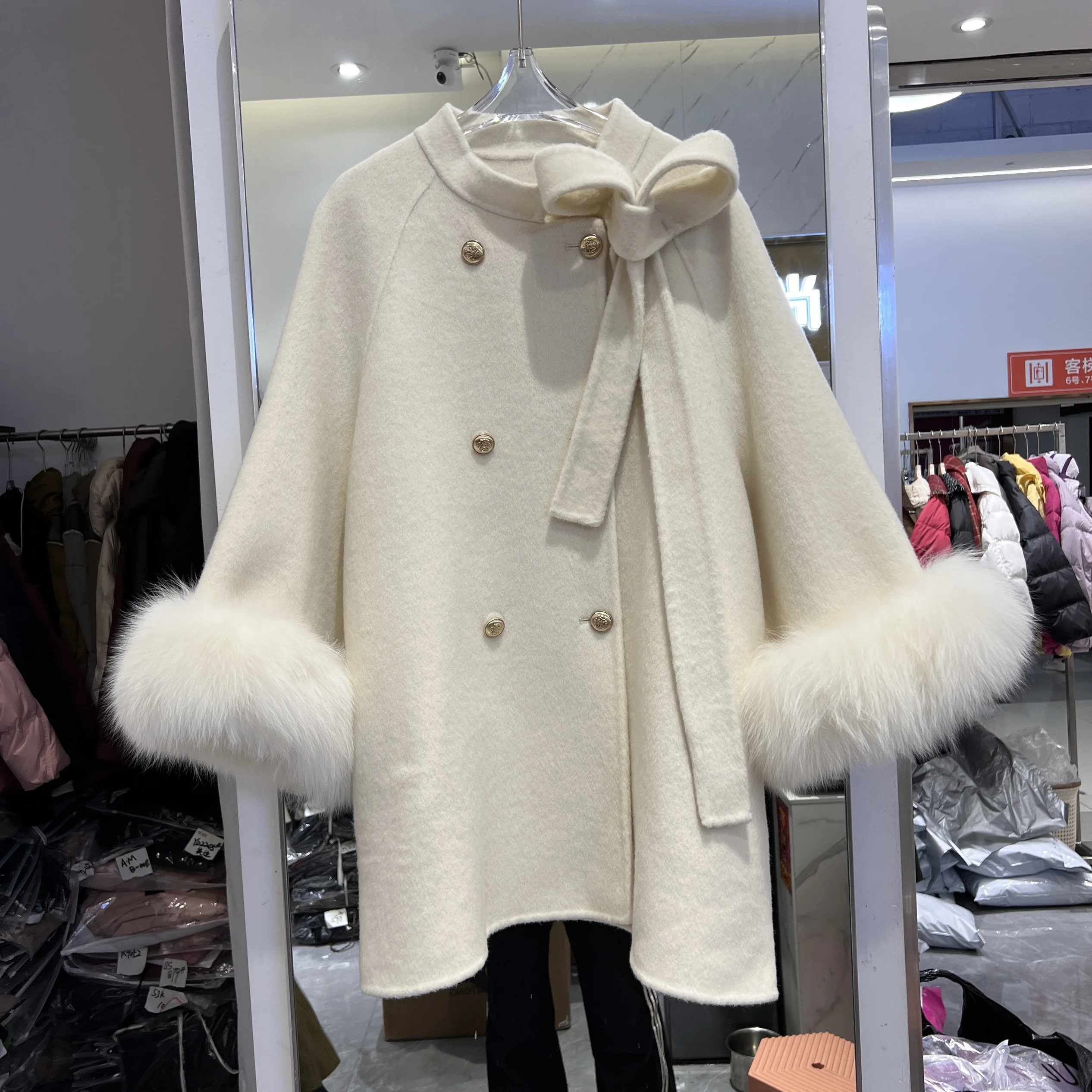 Осень-зима 2024 новая шерстяная накидка с большим меховым воротником пальто