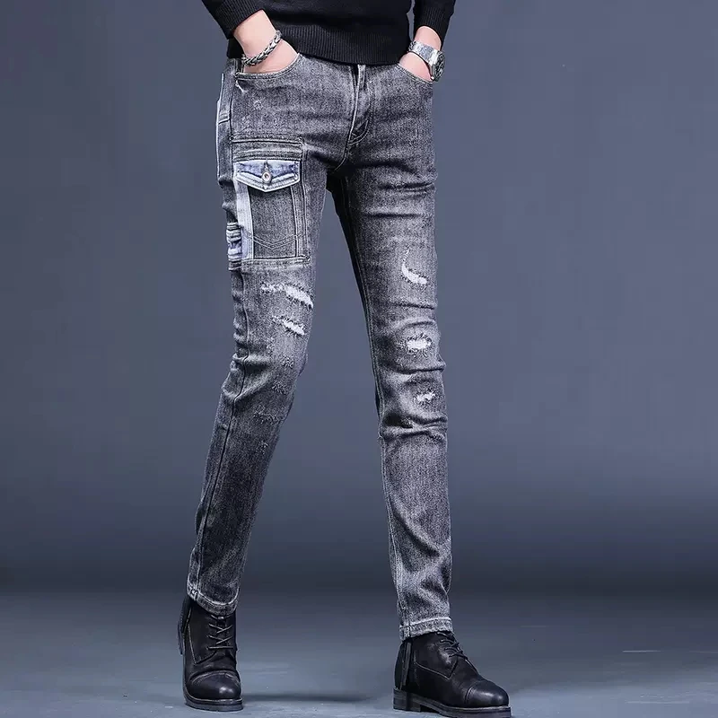Men's Black Gray Ripped Jeans Autumn Mens Slim Fit Straight Pants Streetwear Fashion Patchwork Pocket Denim Trousers CP2005