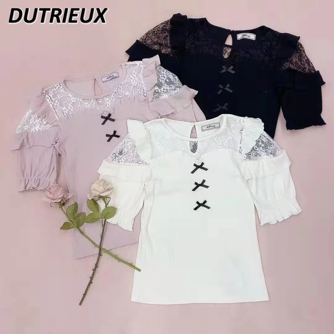 

Japanese Style Sweet Lady Ruffled Short Sleeve Shirt Bow Mesh Patchwork Round Neck Blouse All-Matching Women's Top Summer