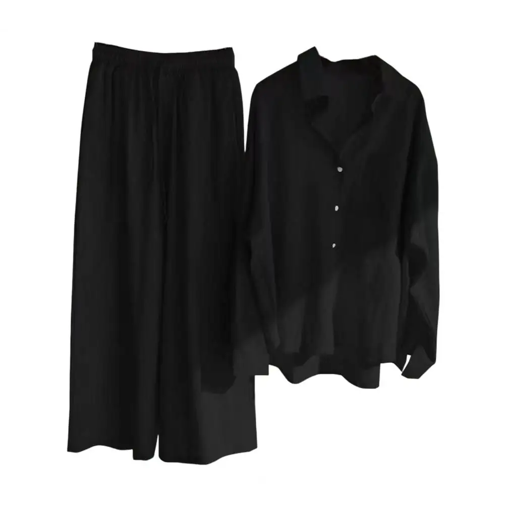 

2 Pcs/Set Stylish Turn-down Collar Women Tops Pants Set Pockets Wide Leg Skin-touch Blouse Trousers Suit Soft Fabric