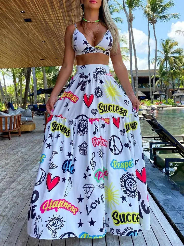 

Женская элегантная летняя юбка Mandylandy с принтом, комплект из двух предметов, Модный женский укороченный топ с V-образным вырезом и ремешком Y2K...