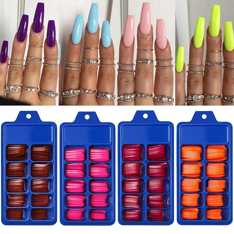 

100pc French False Nails Long Full Cover Coffin Ballerine Design Acrylic Nails Tips Extension Tool Manicure Accessories 10 Sizes