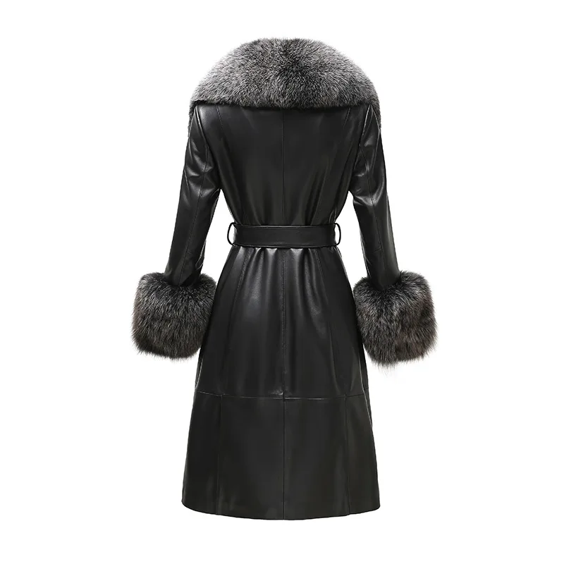Women Genuine Sheepskin Leather Coat 2022 Winter Fox Fur Collar Cuff Luxury Windproof Belt Overcoat Long Trench Coats GT5078B