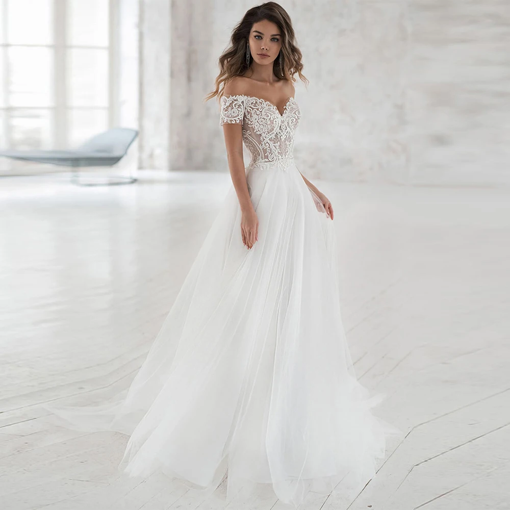 

Simple Off The Shoulder Tulle 2022 Wedding Dress For Women Elegant V-Neck A-Line Lace Appliques Backless With Button Bridal Gown