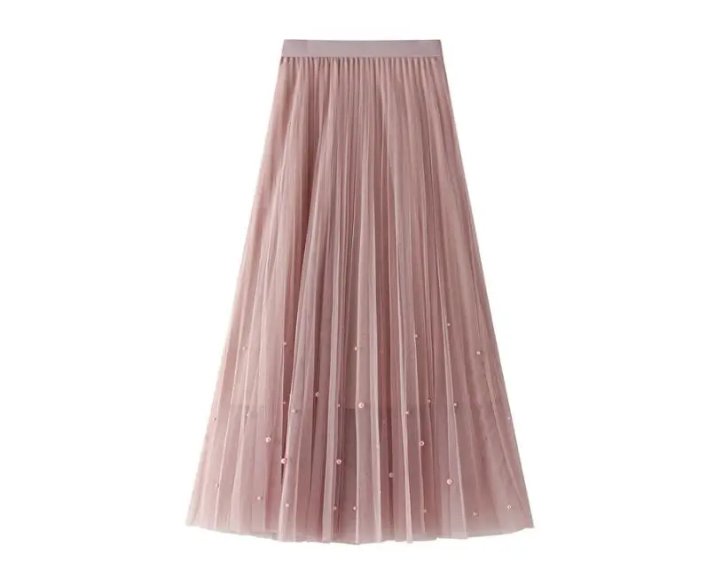 New 2022 Spring Summer Skirts Women Beading Mesh Tulle Skirt Fashion Sweet Elastic High Waist A Line Midi Pleated Skirt