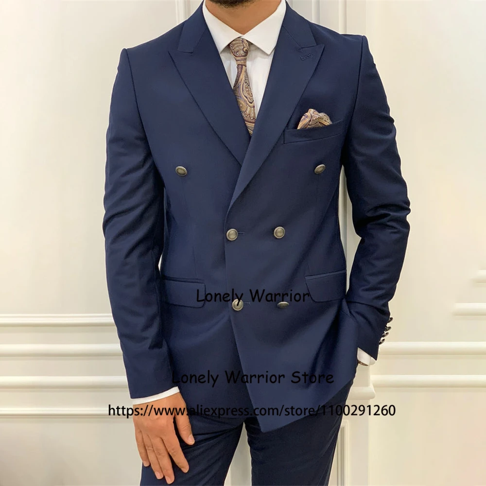 Fashion Navy Blue Men Suit Formal Business Blazer Slim Fit Double Breasted Banquet Tuxedo 2 Piece Set Costume Homme Jacket Pants