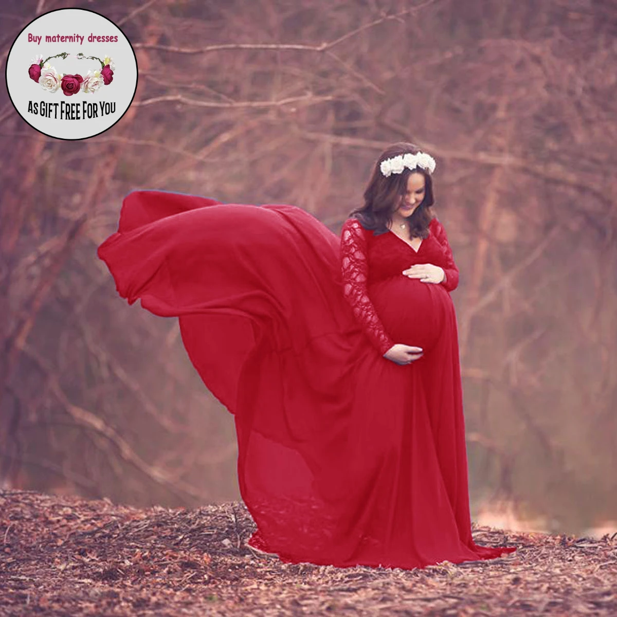 

Women Deep V-neck Maternity Dress Photography Prop Dress Lace Long Sleeve Long Maxi Dress Gown