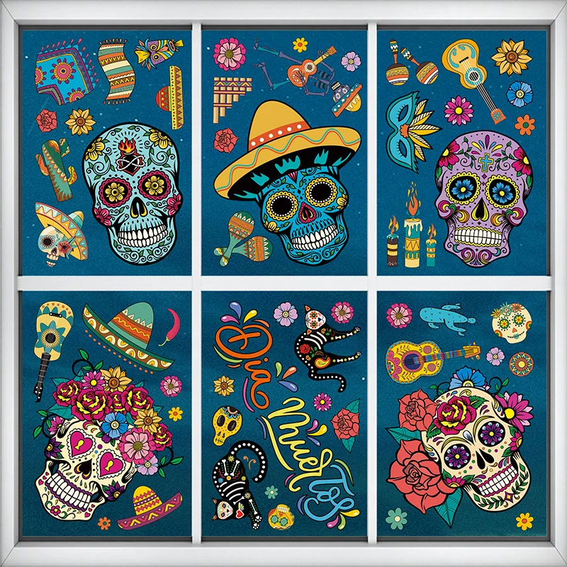 

2023 Day of the Dead Decoration Window Sticker Horror Ghost Festival Skeleton Head Window Sticker Happy Halloween Party Decor