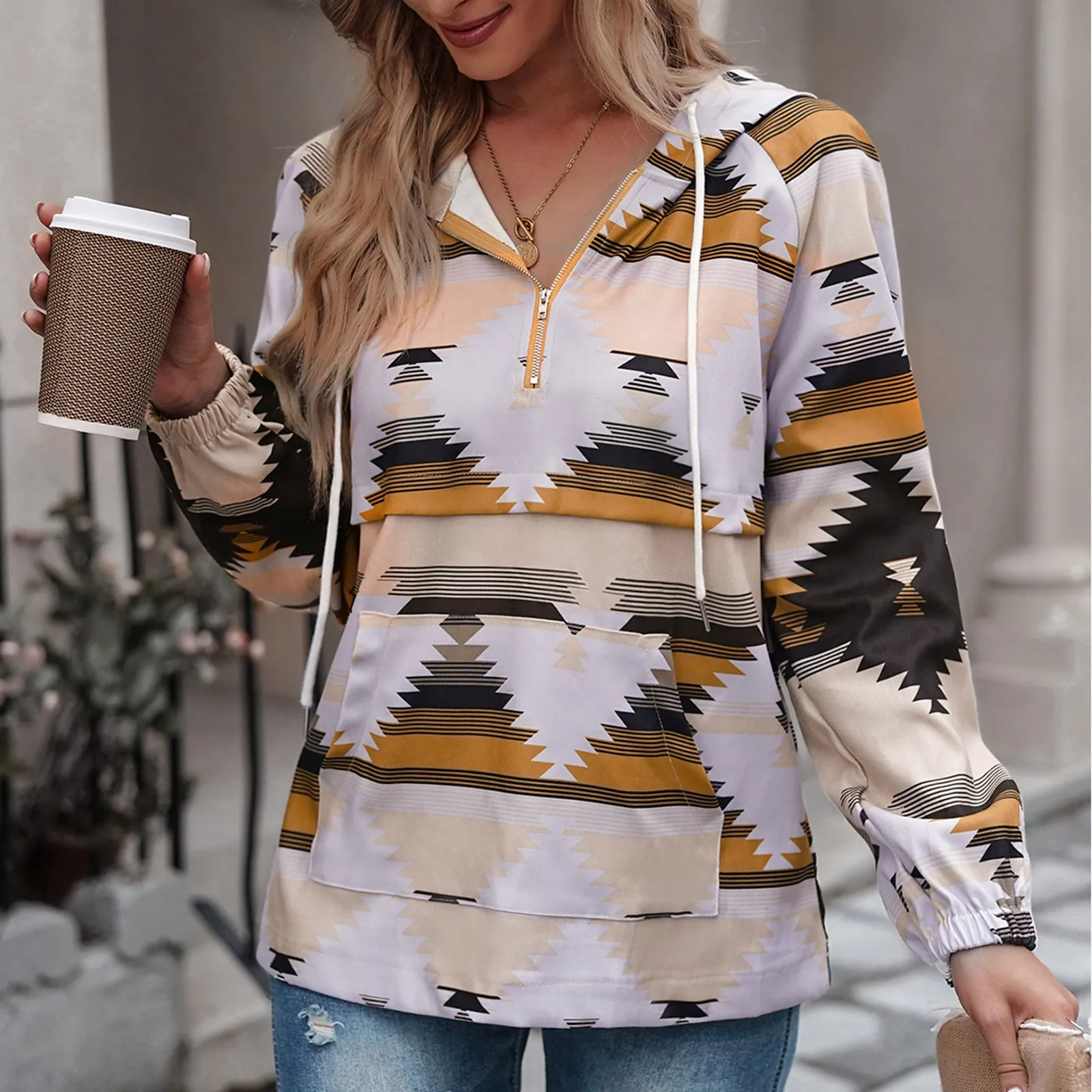 

Womens Geometric Pattern Print Long Sleeve Top Sweater Jacket Runners Hoodies