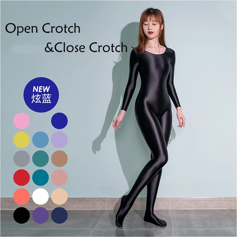 Sexy Glossy Satin Open&Close Crotch Tight Jumpsuit Long Sleeve Foot Wrap Tights Running Sportswear Body Suits for Women Romper