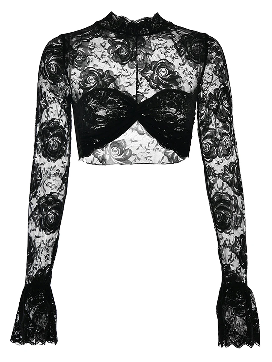 

Женский Кружевной укороченный топ с цветочным рисунком, длинными рукавами и круглым вырезом, сетчатыми панелями и открытым пупком