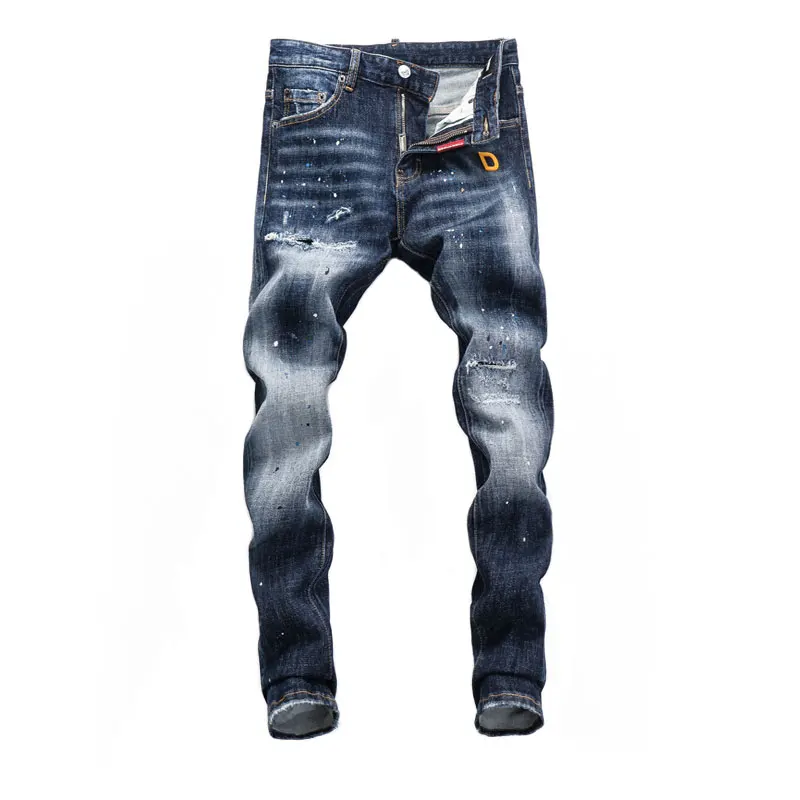 Street Fashion Men Jeans High Quality Retro Blue Elastic Slim Fit Painted Ripped Jeans Homme Embroidery Designer Brand Pants Men