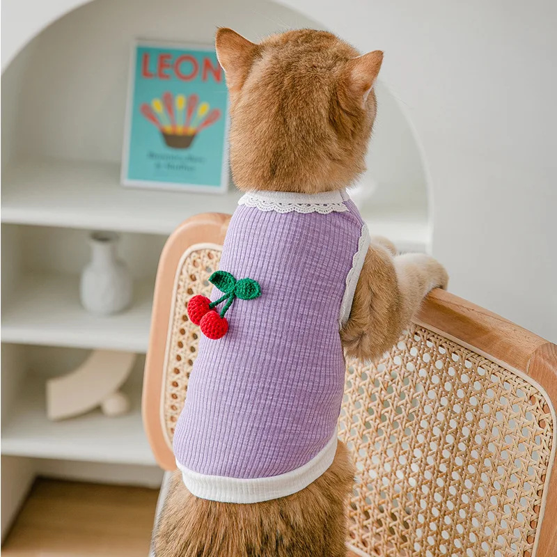 

Футболка одежда собаки вишня трикотажная ранняя одежда Кот тонкая маленькая Чихуахуа летняя фиолетовая дышащая маска для мальчиков и дево...