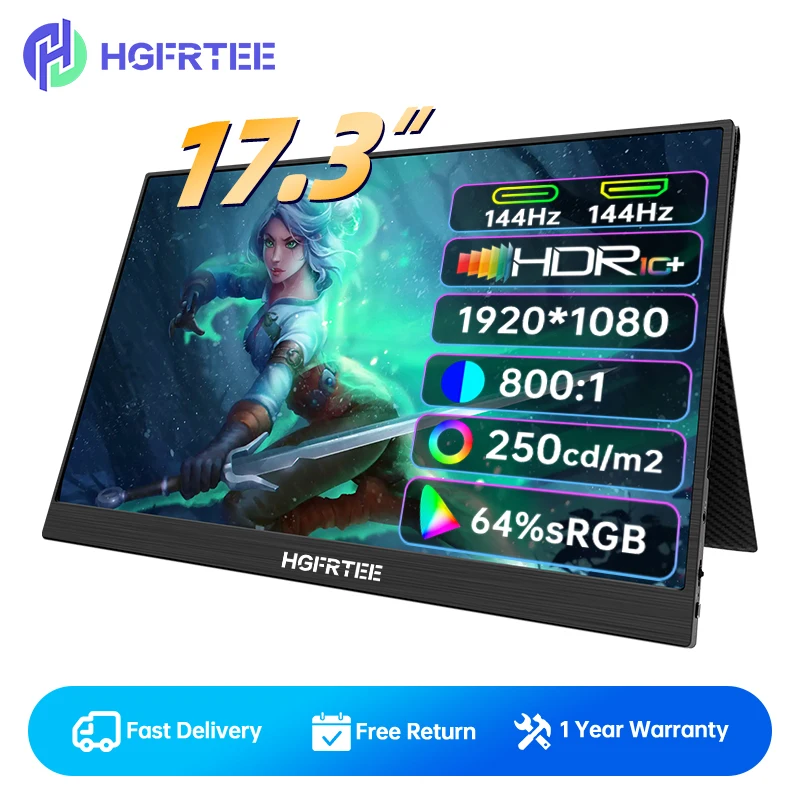 Портативный монитор HGFRTEE с экраном 17,3 дюйма, 144 Гц, x, 0 дюймов, для PS4/XBOX/SWITCH с Type-C/ Mini HD-MI