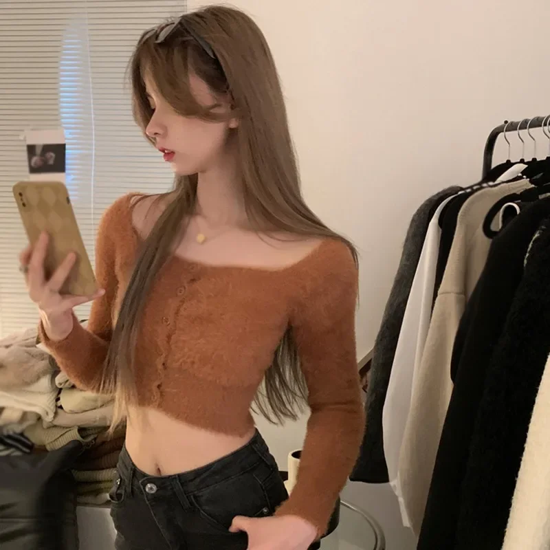 Женский однотонный кардиган с длинными рукавами и открытым пупком женский