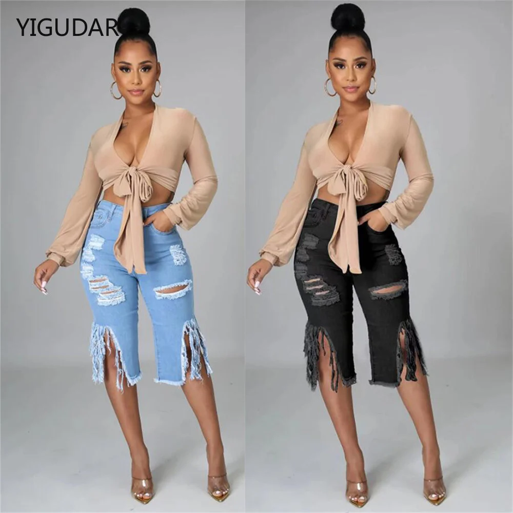 

2022 New Summer Women's Denim Shorts Casual Fashion slim Hole Jeans Shorts With Pockets Cool Women Street Denim Booty Shorts