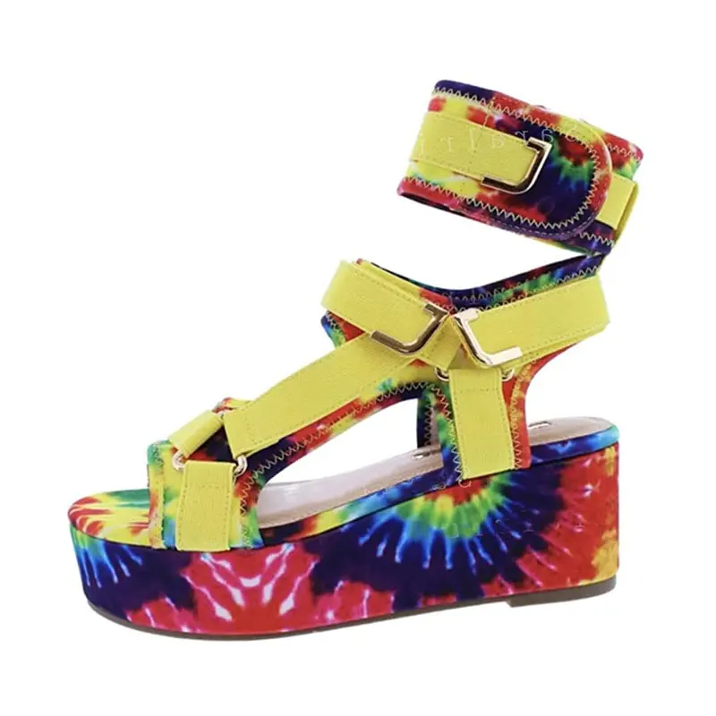 

Women's Open Round Toe Sandal Colorful 2022 Summer Popular Trendy Comfy Casual Ankle-wrap Thick Platform High Wedge Heel Sandals