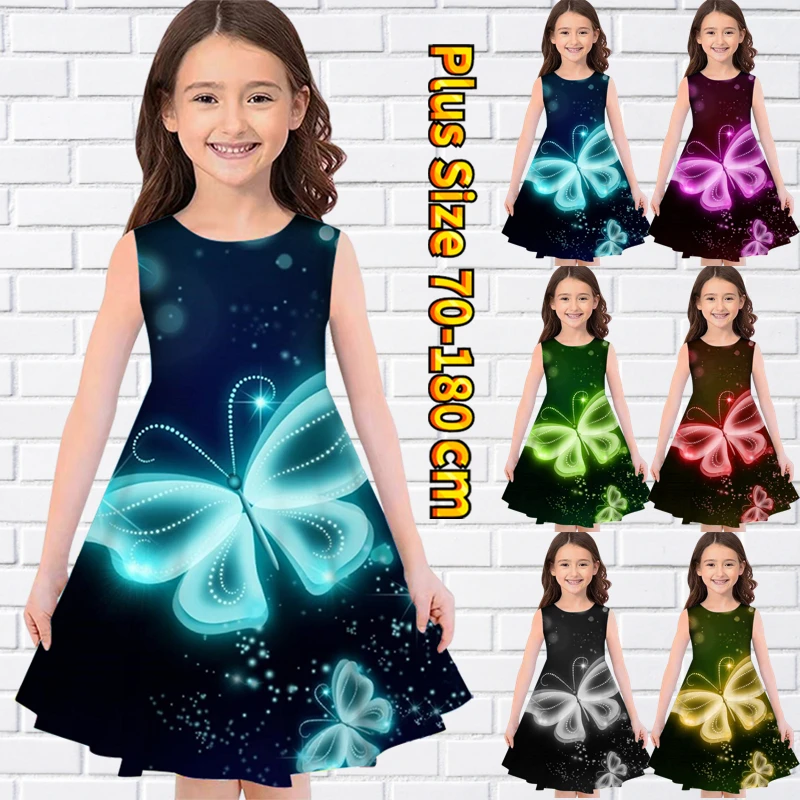 

Летняя юбка-миди без рукавов для маленьких девочек, свободное платье с круглым вырезом, повседневная трендовая Юбка До Колена, юбка с принто...