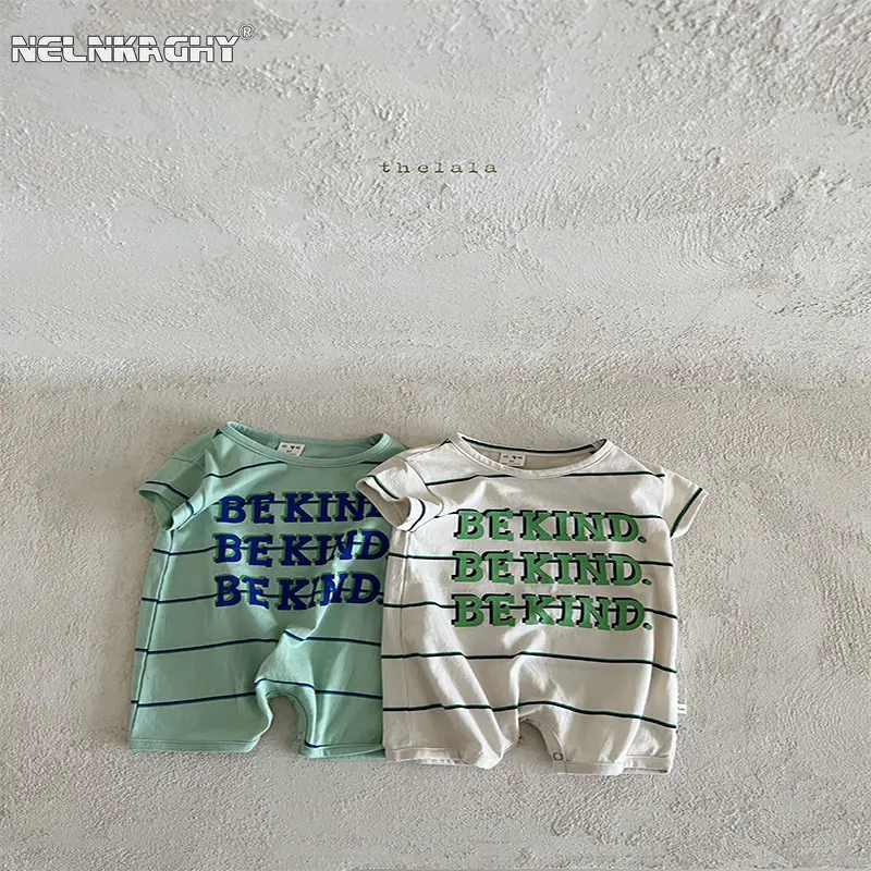 Summer Newborn Baby Short Sleeve Stripe Letter Outdoor Clothing Infant Kids Pure Cotton Jumpsuits Toddler Thin Romper