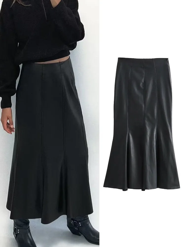 

TRAF 2023 Vintage Black Imitation Leather Skirts Fashion Women Commuting Midi Mid-Calf Skirts Elegant Windbreak Zipper Skirt