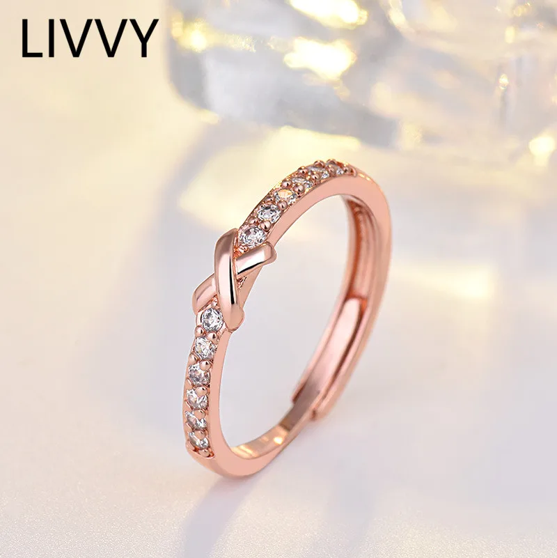 

LIVVY Rose Gold Color Cross Cubic Zirconia Wedding Engagement Ring for Woman Girls Crystals Gift Jewlery Adjustable