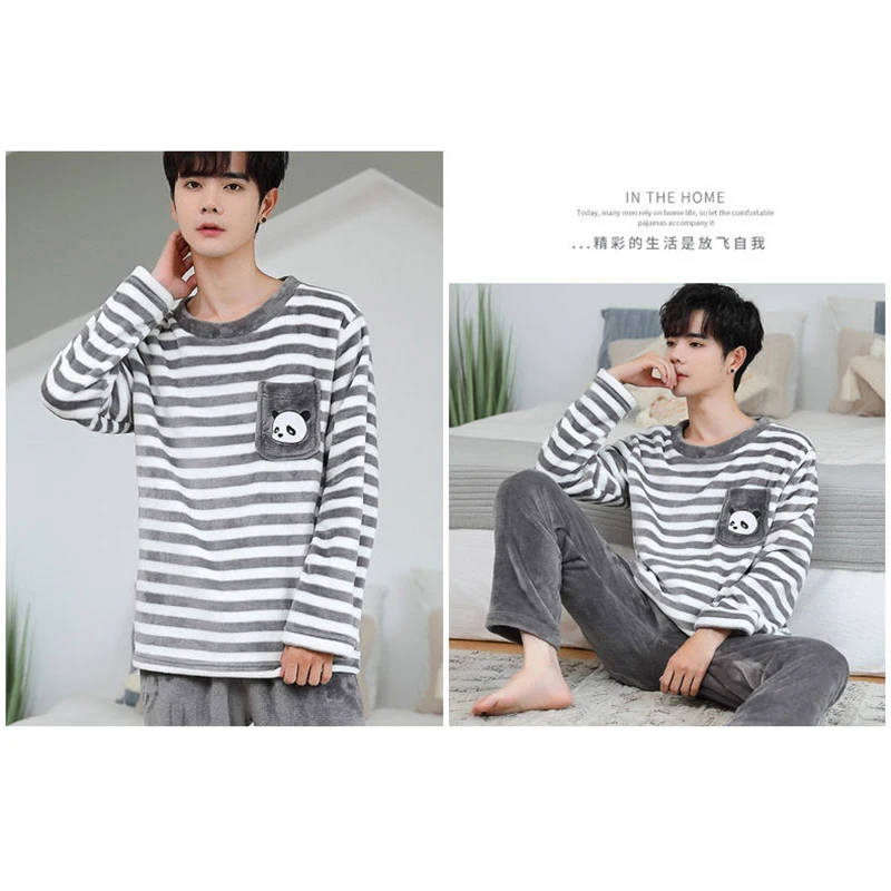 Men Fashion Autumn Winter Coral Fleece Pajamas Striped Sleepwear Set Warm Thicken Homewear Suit