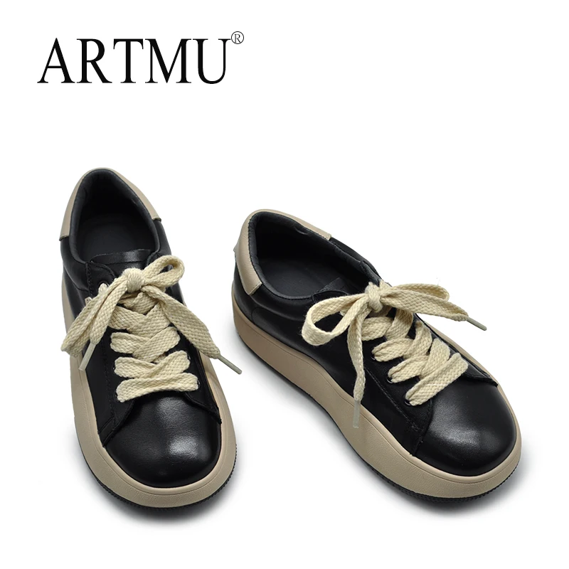 

Artmu Genuine Leather Lace Up Shoes For Women 2023 Flats Luxury Designer Round Toe Black Flat Platform Ladies Vulcanized Shoes