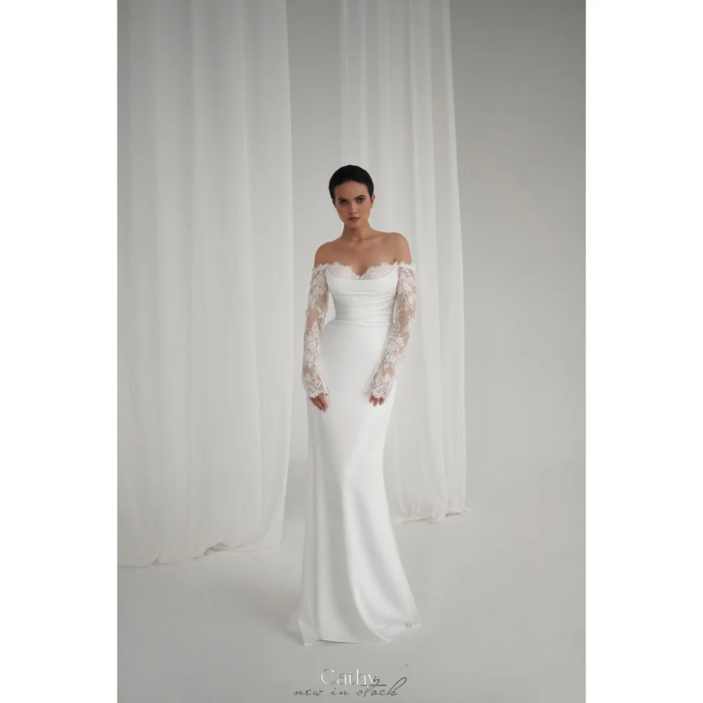 Cathy Белые цветы Эмуляции Шелковые свадебные платья с длинными рукавами Vestidos de Noche