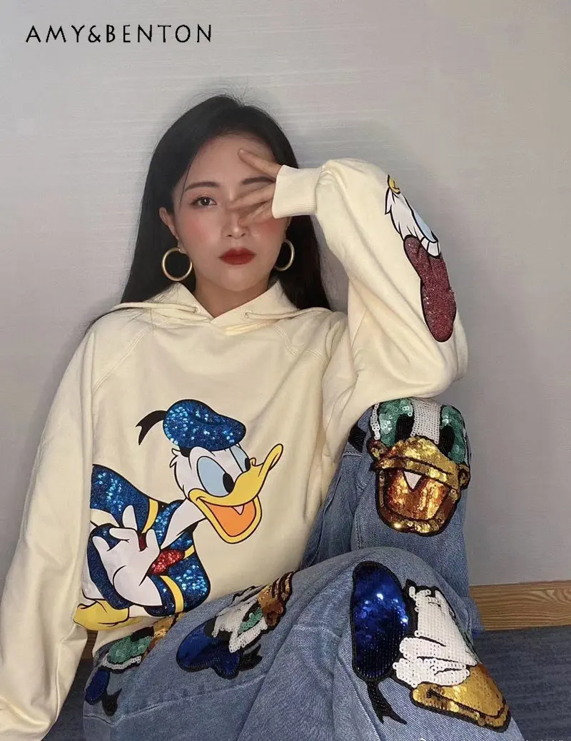 

Autumn New Sequined Refined Pure Cotton Terry Hooded Sweatshirts for Women Casual Cartoon Hooded Pullover Tops for Ladies