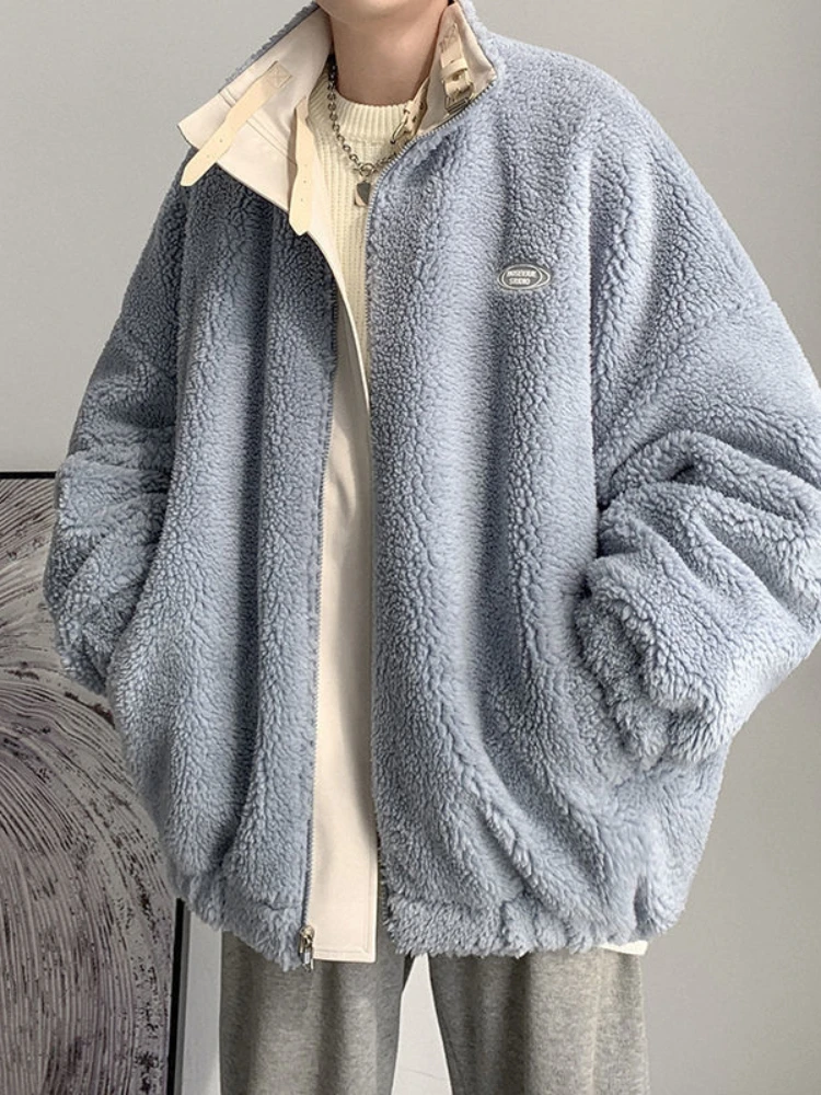 Men Jacket PU Leather and Lamb Wool Two-sided Wear Padded Jacket Autumn Winter Hip Hop Thick Warm Oversize Coat Punk Streetwear