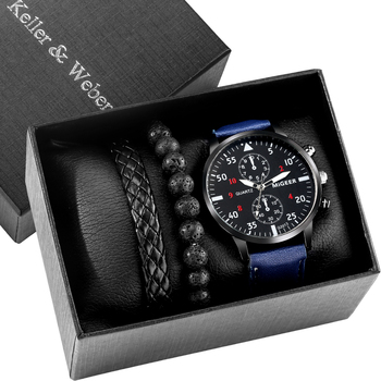 2022 New Men's Watch Gift Box Vintage Blue Leather Strap Exquisite Bracelet Luxury Quartz Watches Set Birthday Gifts for Husband-36840