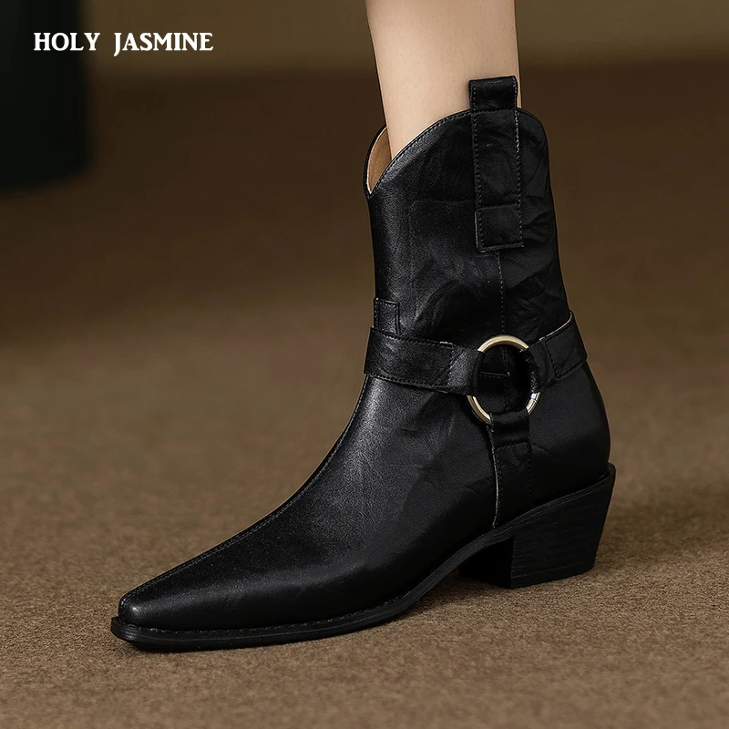 

Новинка 2023, осенние женские ботинки, женская обувь с острым носком, зимние ковбойские ботинки в западном стиле, натуральная кожа