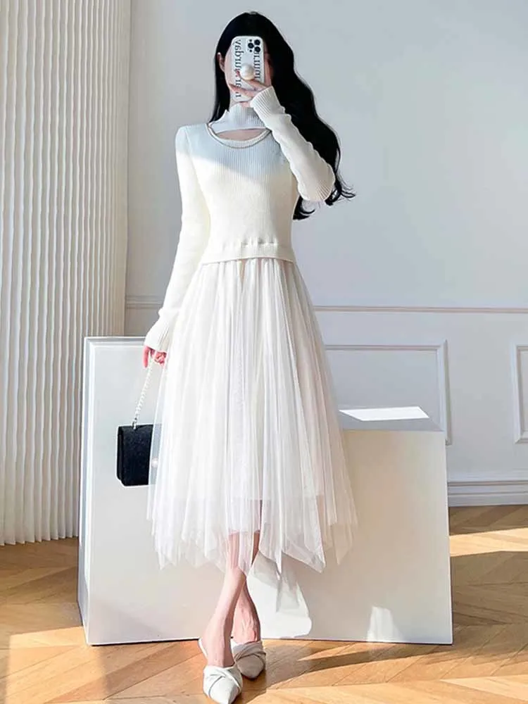 

2023 Vestidos New Casual Elegant Elasticity Sweet Mesh V-Neck Midi Slim Long Sleeve Female Robe Women's Autunm Lady Dresses