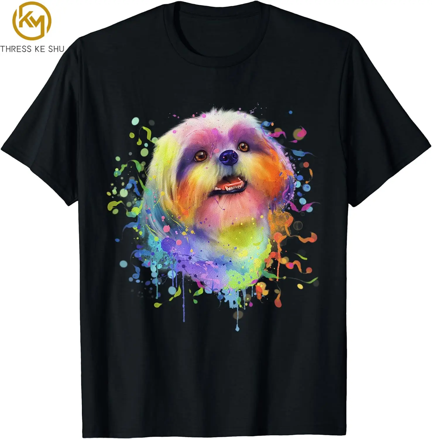 

Colorful Splash Art Portrait Shitzu Puppy Owner T-Shirt for Men Women Casual Cotton Daily Four Seasons Men Clothing Tees