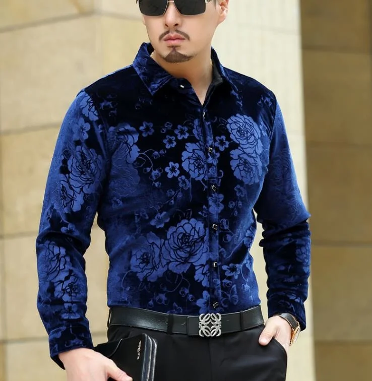 

Fashion Trendy Luxury Mens Top Silk Shirts Formal Turn Down Collar Black Blue Velvet Shirt Slim Fit Flower Pattern Shirts