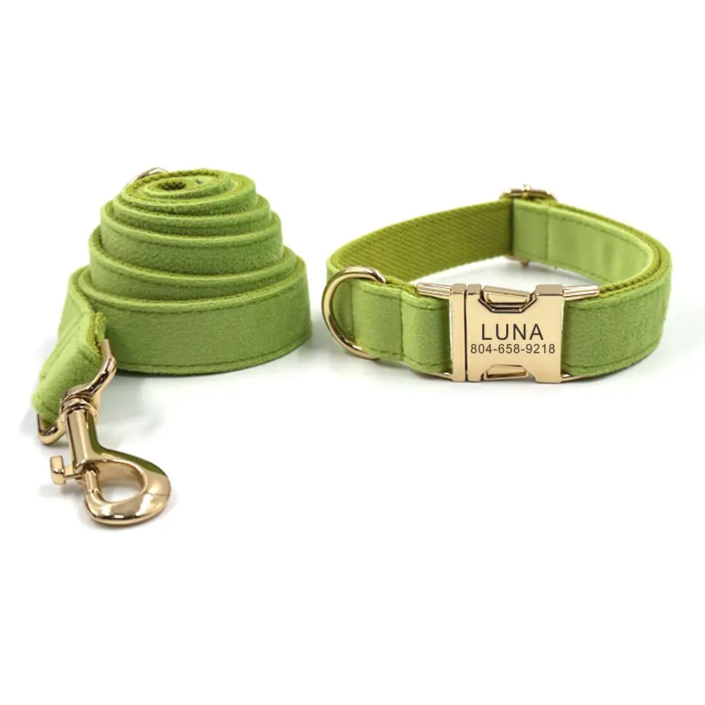 Personalized Dog Collar Custom Pet Collar Free Engraving ID Name Tag Pet Accessory Green Velvet Fiber Puppy Collar Leash Set