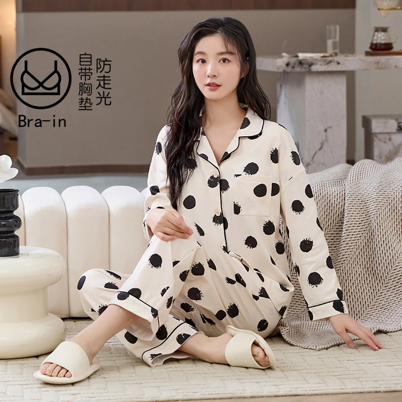Новейшая весенне-осенняя женская пижама из 100% хлопка с длинным рукавом и