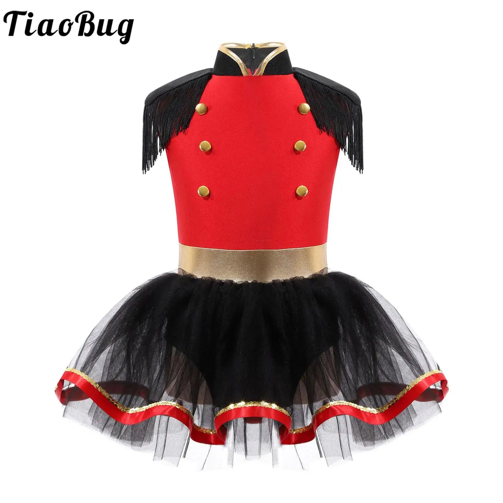 

Kids Girls Drum Majorette Costume Sleeveless Tassels Mesh Tutu Dress Leotard for Halloween Cosplay Marching Band Performance