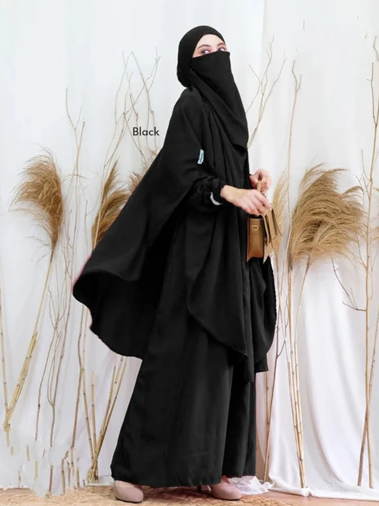 Eid Hooded Muslim Women Jilbab Long Khimar Hijab Dress Set 2 Pieces Prayer Garment Abaya Ramadan Gown Dress Sets Islamic Niqab