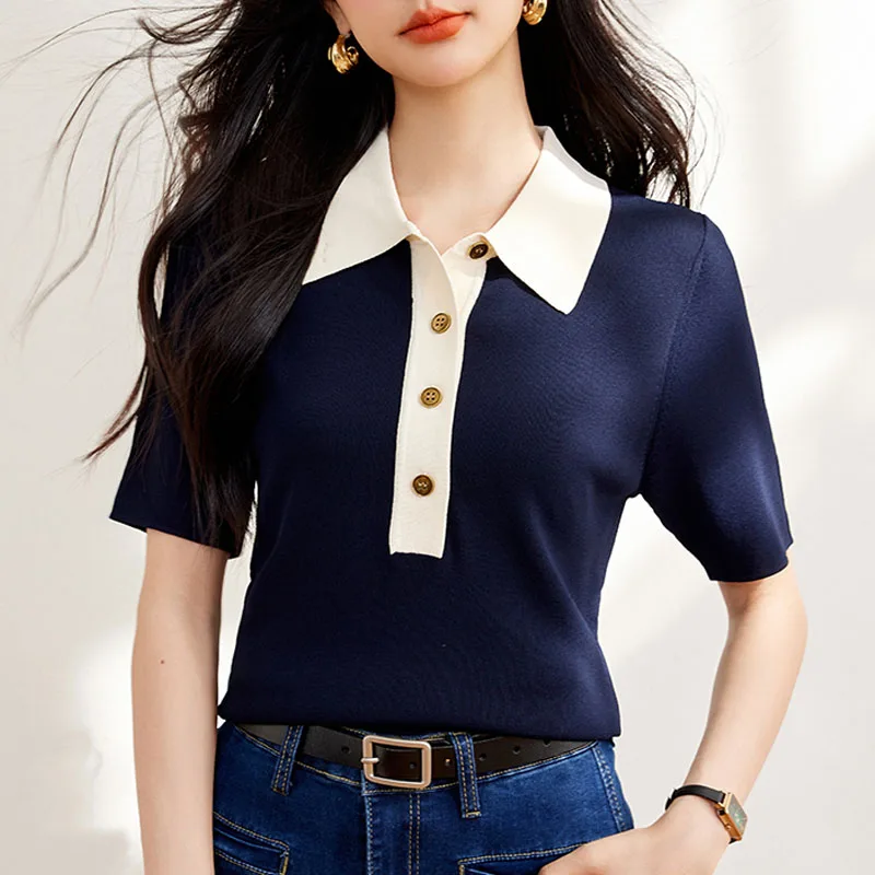 Новая Летняя трикотажная футболка с коротким рукавом и отложным воротником