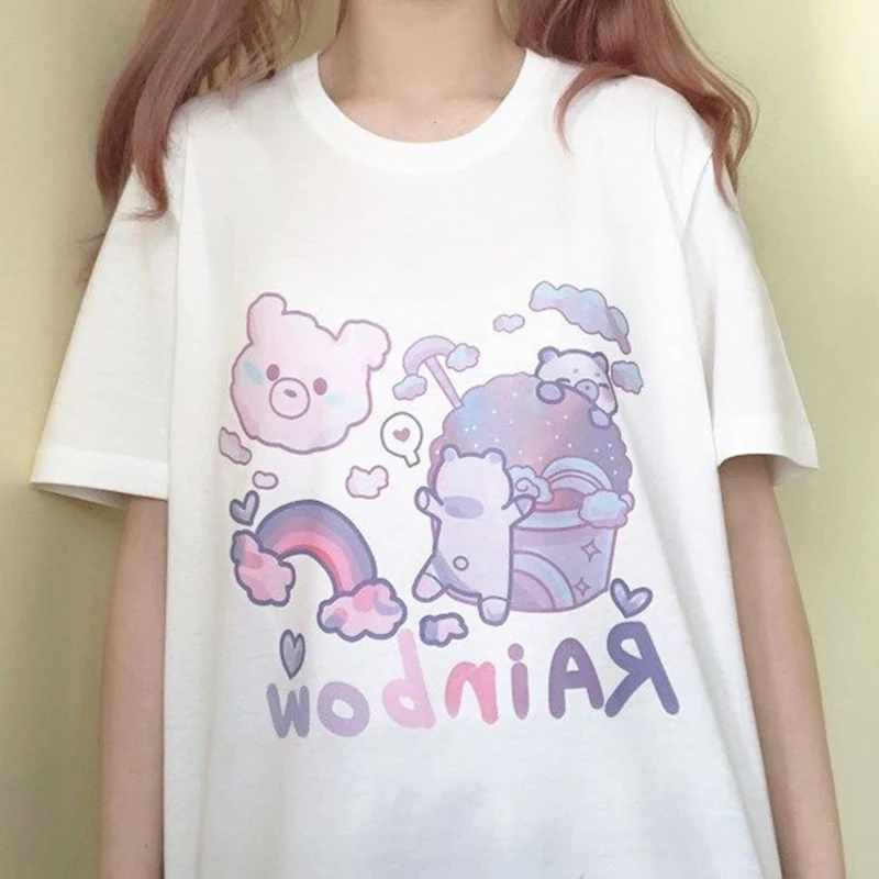 

Футболка женская в японском стиле Харадзюку, милый белый топ с коротким рукавом и мультяшным принтом медведя, мягкая рубашка, на лето, 2022