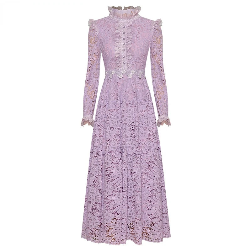 

Dresses For Women 2023 Runway Luxury Designer High Quality Elegant Spring Stand collar Long sleeve Lace Ruffles Applique Dress