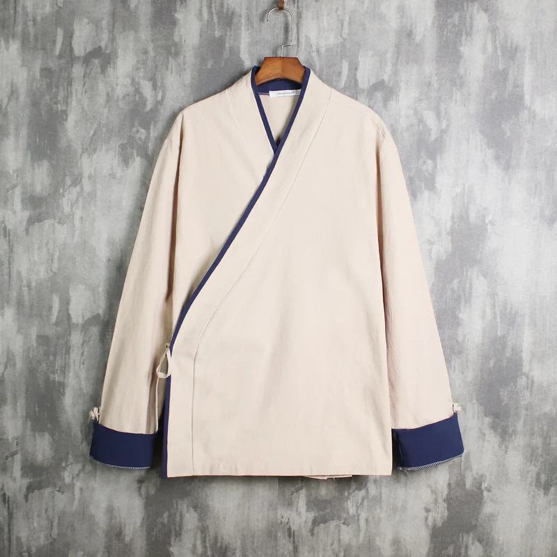 

Chinese Style Retro Shirts Plus Size Hanfu Tops Cotton Linen Long Sleeve Shirt Patchwork Top Men Lace Up Thin Cardigan