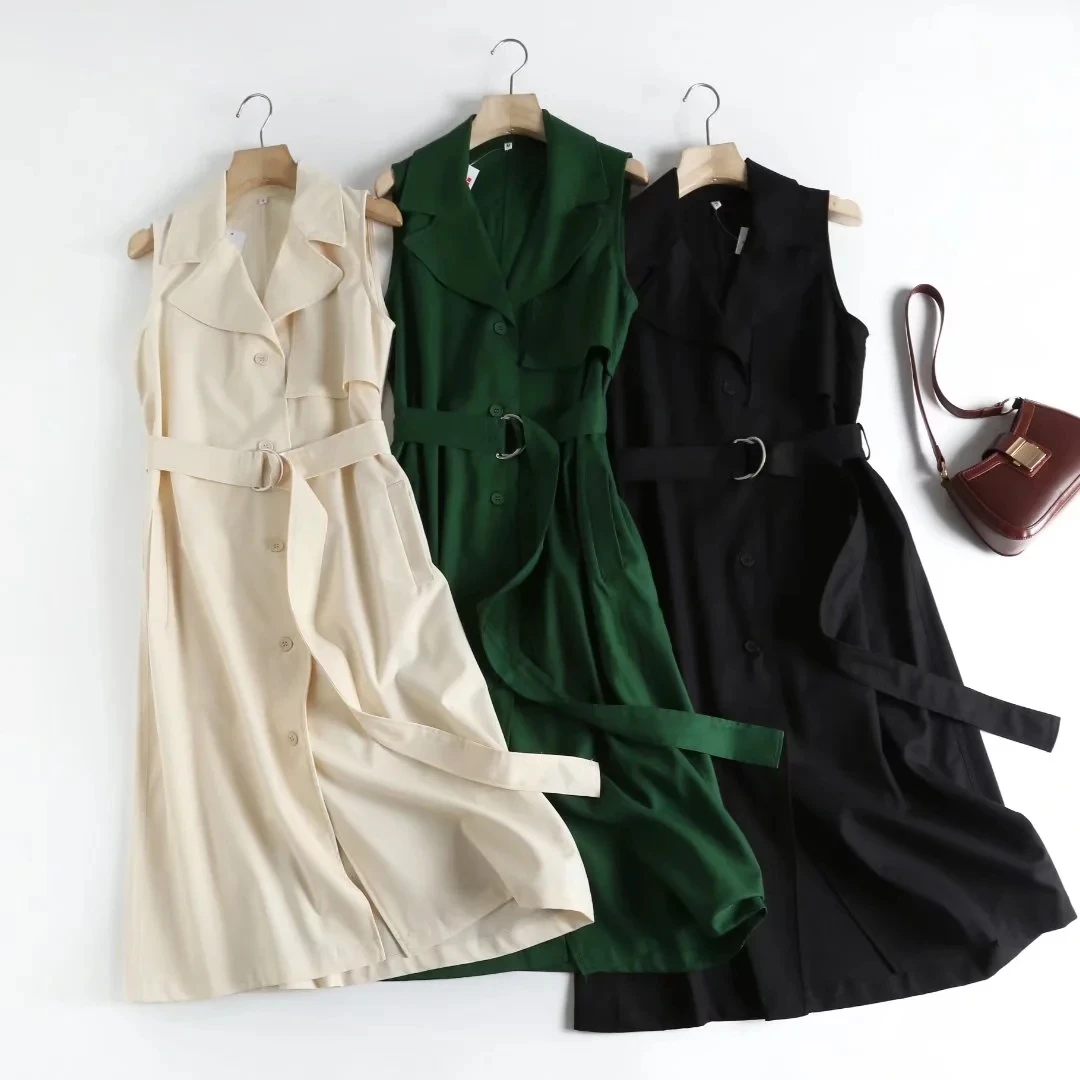 

Maxdutti Japanese Style Multicolor Fashion Office Lady Sleeveless Midi Dress Solid Sashes Casual Summer Dress Women