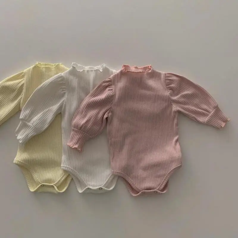 

2022 Spring New Baby Girl Solid Bodysuit Infant Cute Puff Sleeve Jumpsuit Infant Home Clothes Toddler Girl Soft Cotton Pajamas