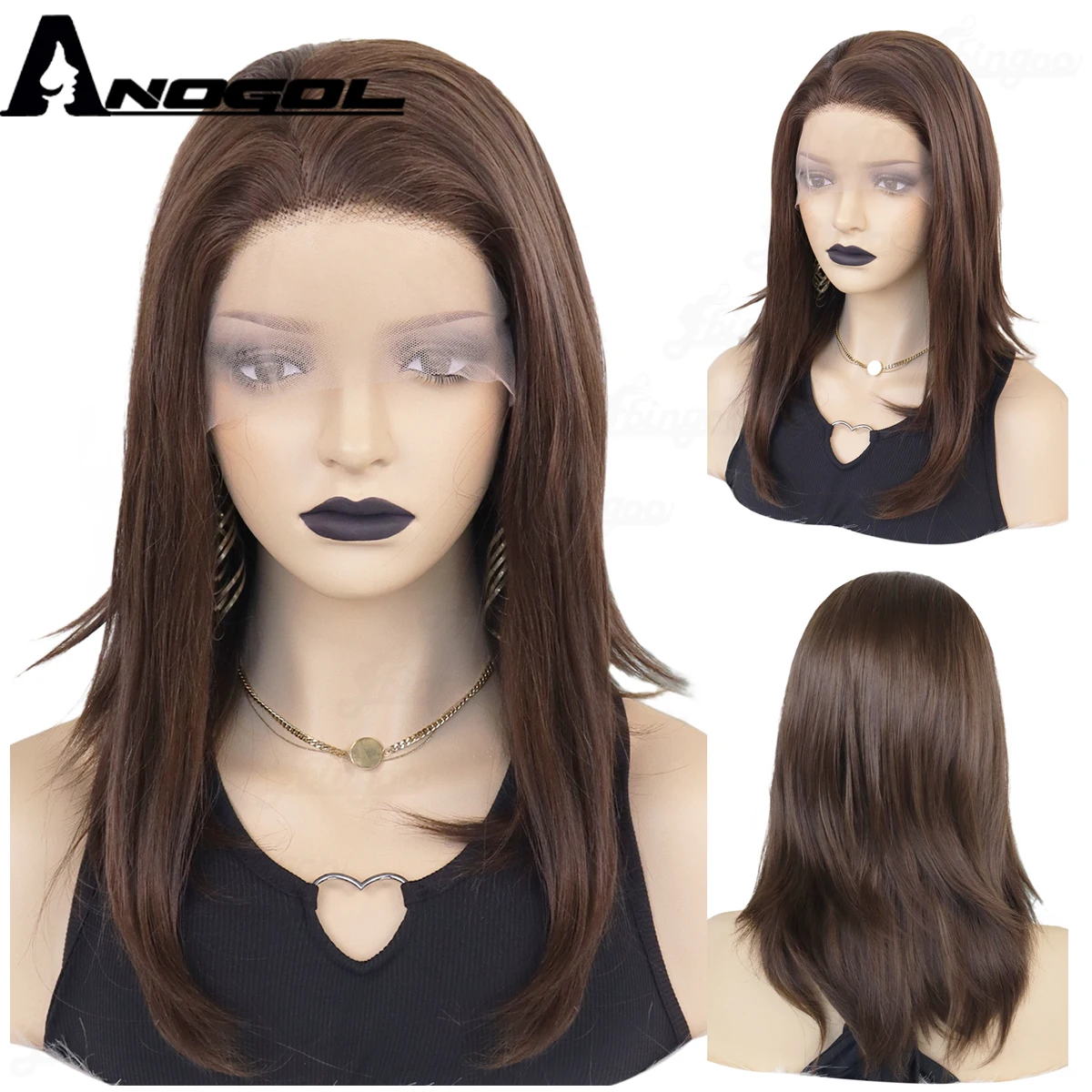 Anogol Synthetic 13*2.5 Dark Brown Straight High Temperature Fiber Lace Front Wig for Wowen Free Part