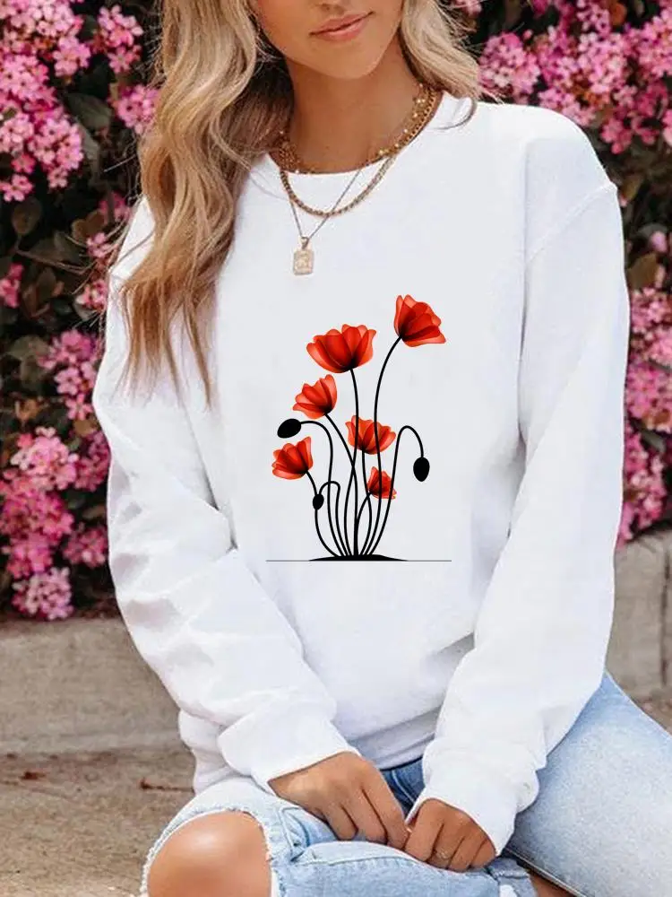 

Plant Floral Flower Lovely Style Graphic Sweatshirts Autumn Spring Women Clothing Fashion O-neck Clothes Casual Print Pullovers
