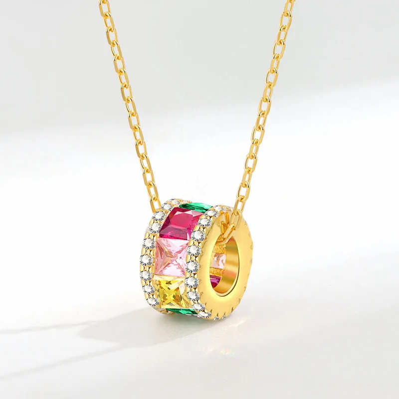 

KOFSAC Beautiful Colorful Crystal Pendant Fashion Zircon Geometric Cylinder Necklace For Women 925 Silver Gold Color Jewelry