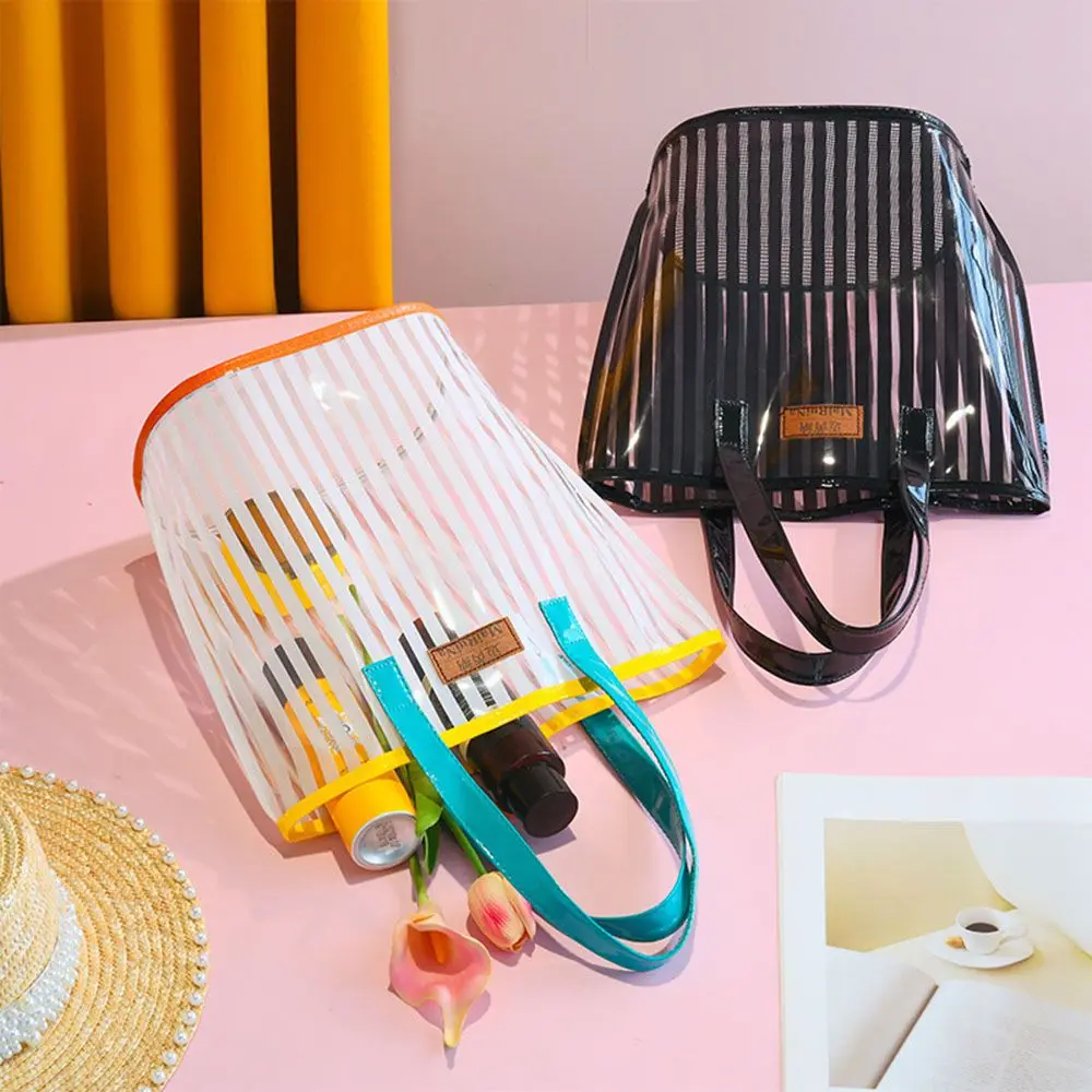 

PVC Travel Cosmetic Bag Makeup Organizer Large Capacity Female Storage Bag Shopping Bag Beach Bag Striped Handbag