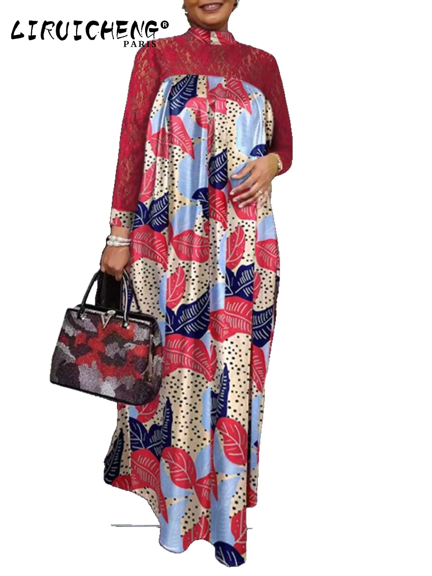 

2023 Women Vintage Patchwork Party Maxi Long Sleeve Lace Elegant Printed Holiday Maxi Sundress Femininas Dress